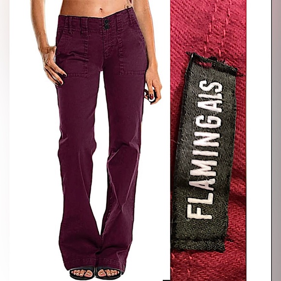 FLAMINGALS Denim - NWT Women’s FLAMINGALS Plus 3XL Wide Leg COTTON Jeans Mid Waist Flare Pants Wine